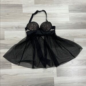 Victoria Secret Babydoll Negligee Push Up 32B/B70 Black Underwire Halter Strap